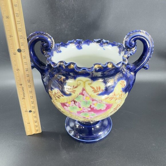 Antique Fine Porcelain Vase Vessel Footed Dish Bowl W Handles Decorated Ceramic - Picture 3 of 16